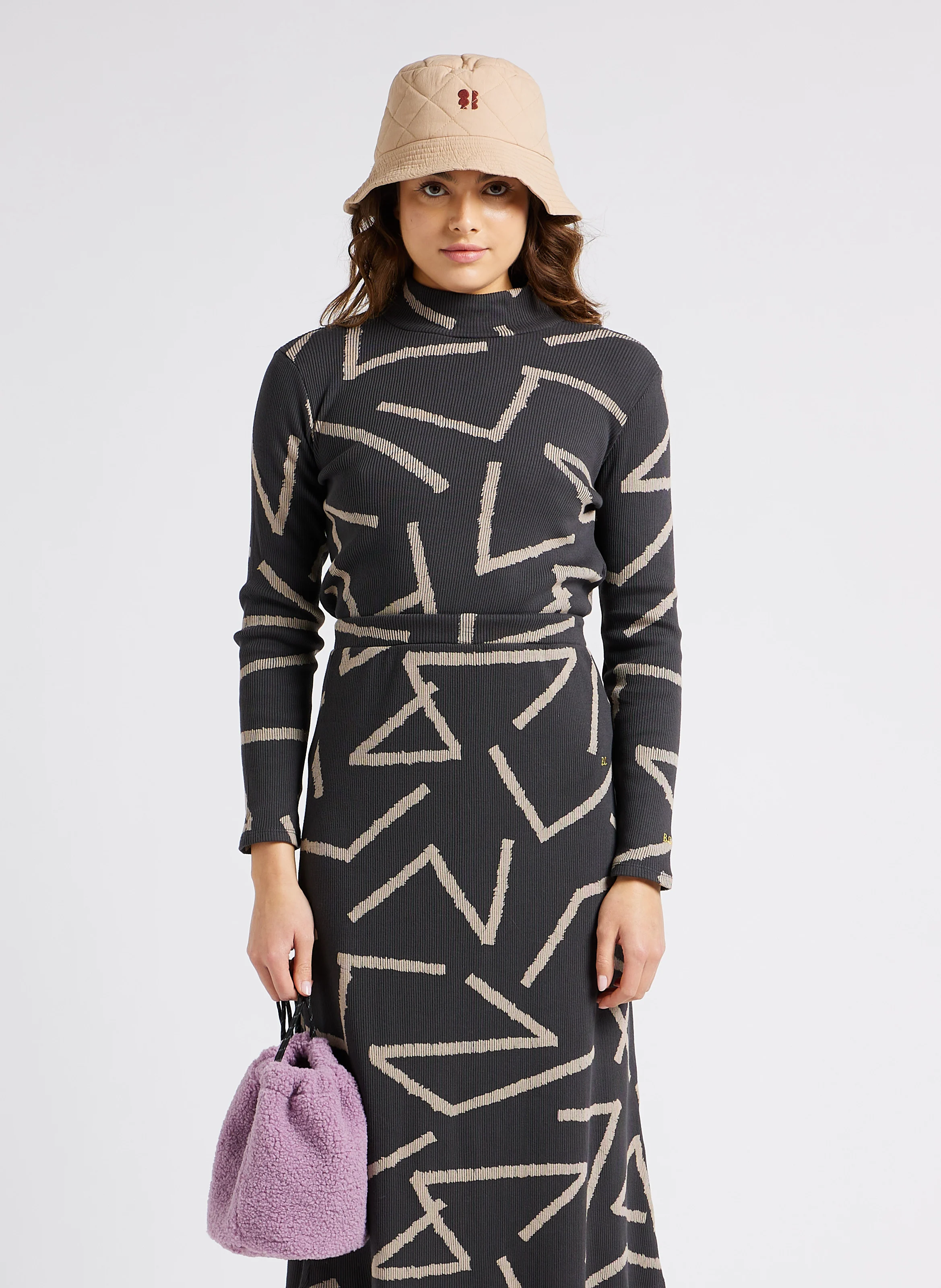 Top col montant imprimé en coton| Gris