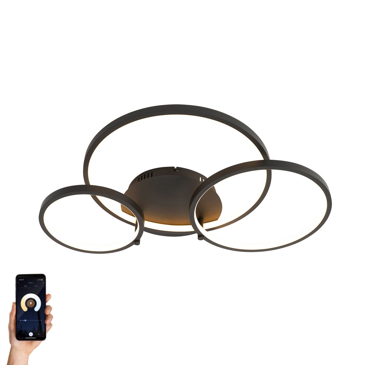 Smart plafondlamp zwart 3-lichts met afstandsbediening - Rondas