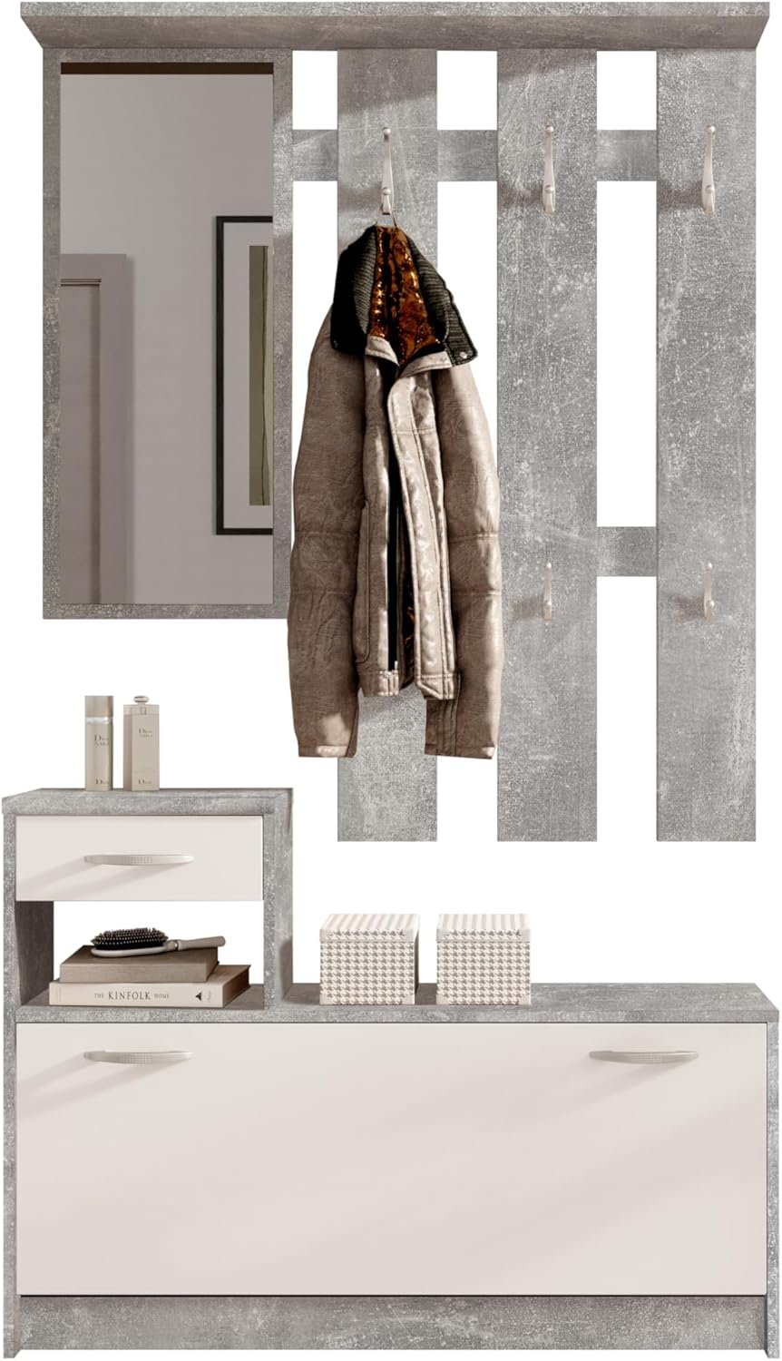 Vera Garderobe mit Spiegel weiß matt - Kompaktgarderobe Korpus Beton Optik - 100 x 190 x 26 cm (B/H/T)