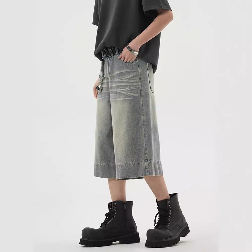 Cowpow - Mid Rise Washed Capri Wide Leg Jeans