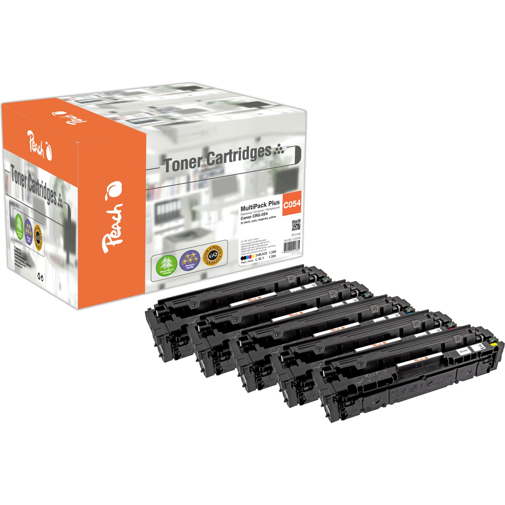 Peach HP 0545 Toner (2*bk, c/m/y) ersetzt Canon CRG-054, 3024C002*2, 3023C002, 3022C002, 3021C002 für z.B. Canon iSENSYS MF 641 Cw (wiederaufbereitet)