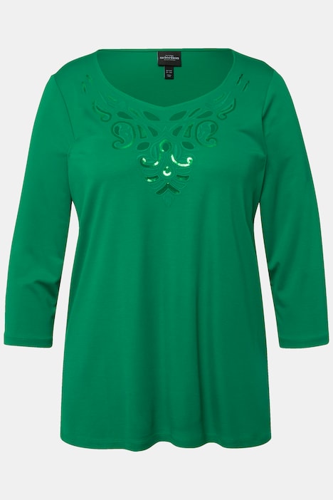 Shirt, Stickerei, Classic, Herzausschnitt, 3/4-Arm