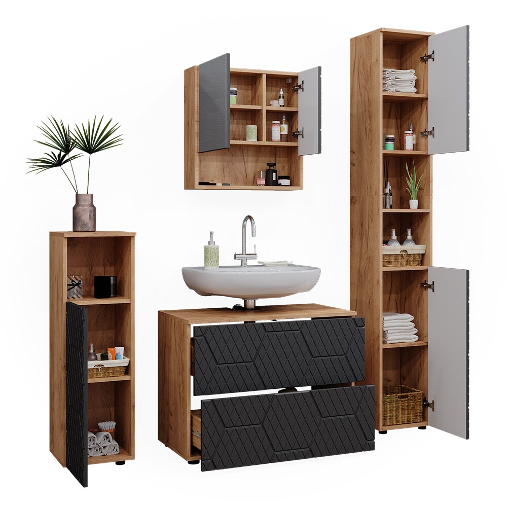 Vicco Badmöbel-Set Irma Eiche Anthrazit 4-teilig Hochschrank Midischrank 95 cm