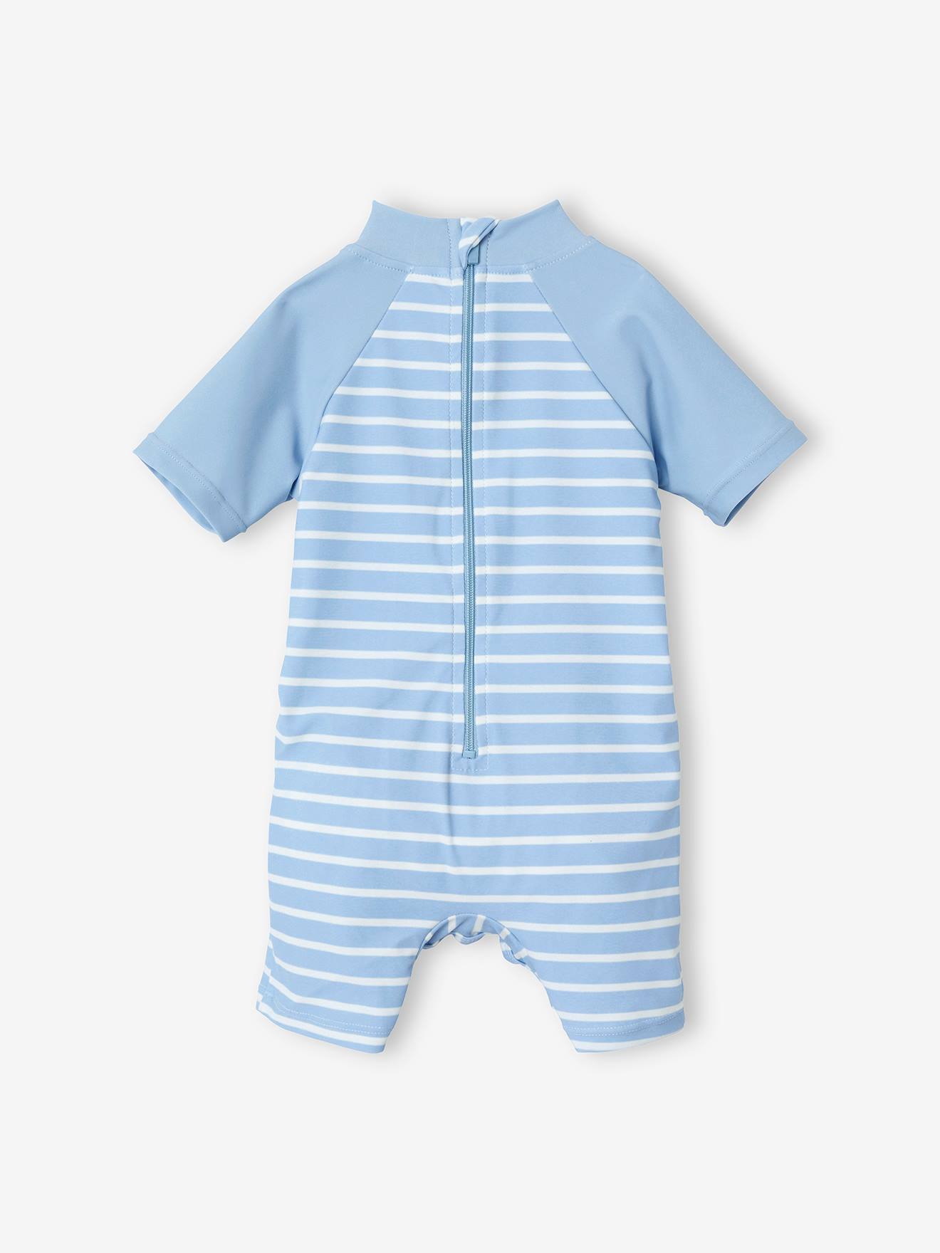 Macacão resistente aos raios UV para bebê menino, azul médio com listras.