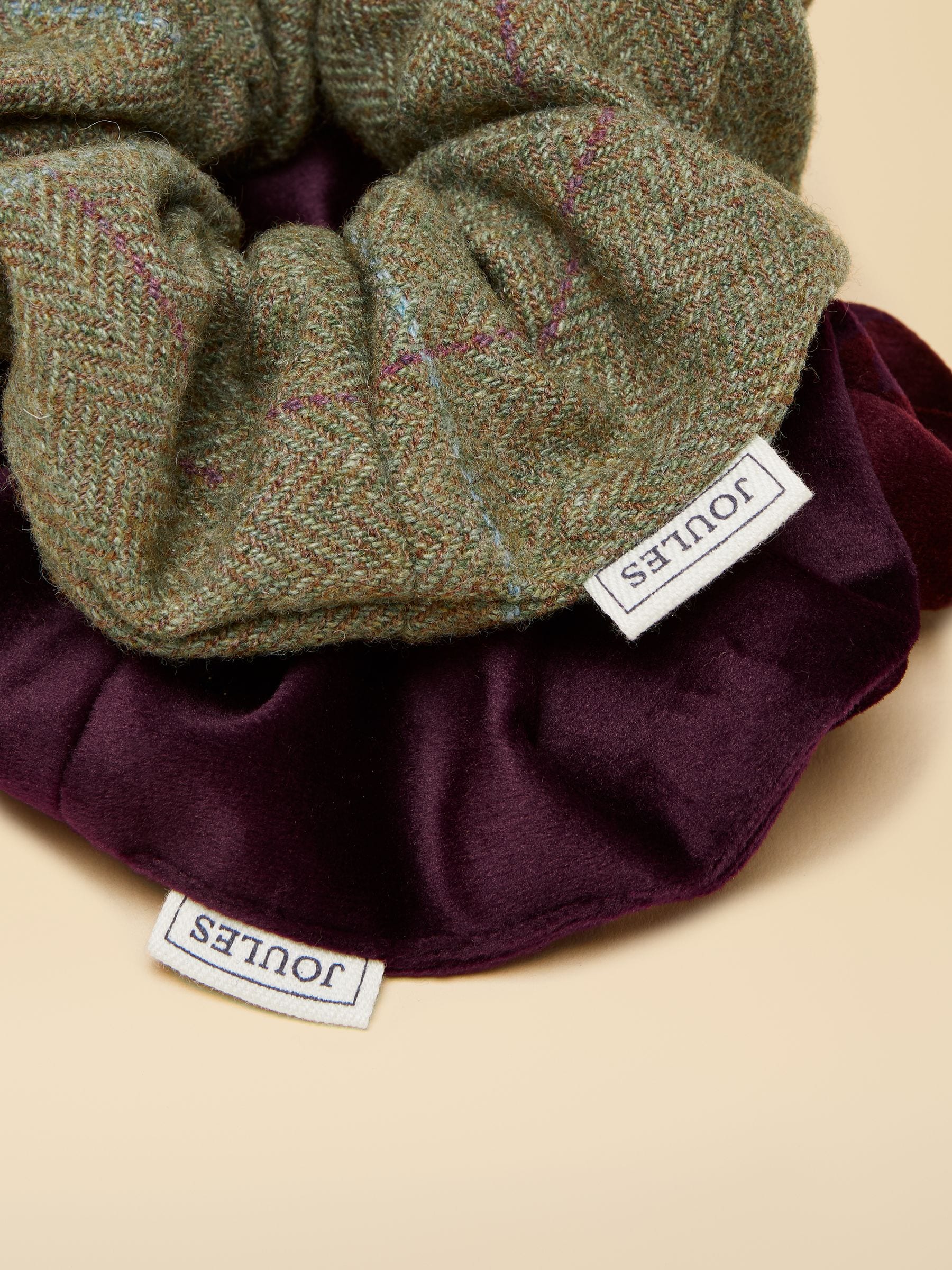 Green Tweed & Burgundy Velvet - Joules Annika Scrunchie 2 Pack