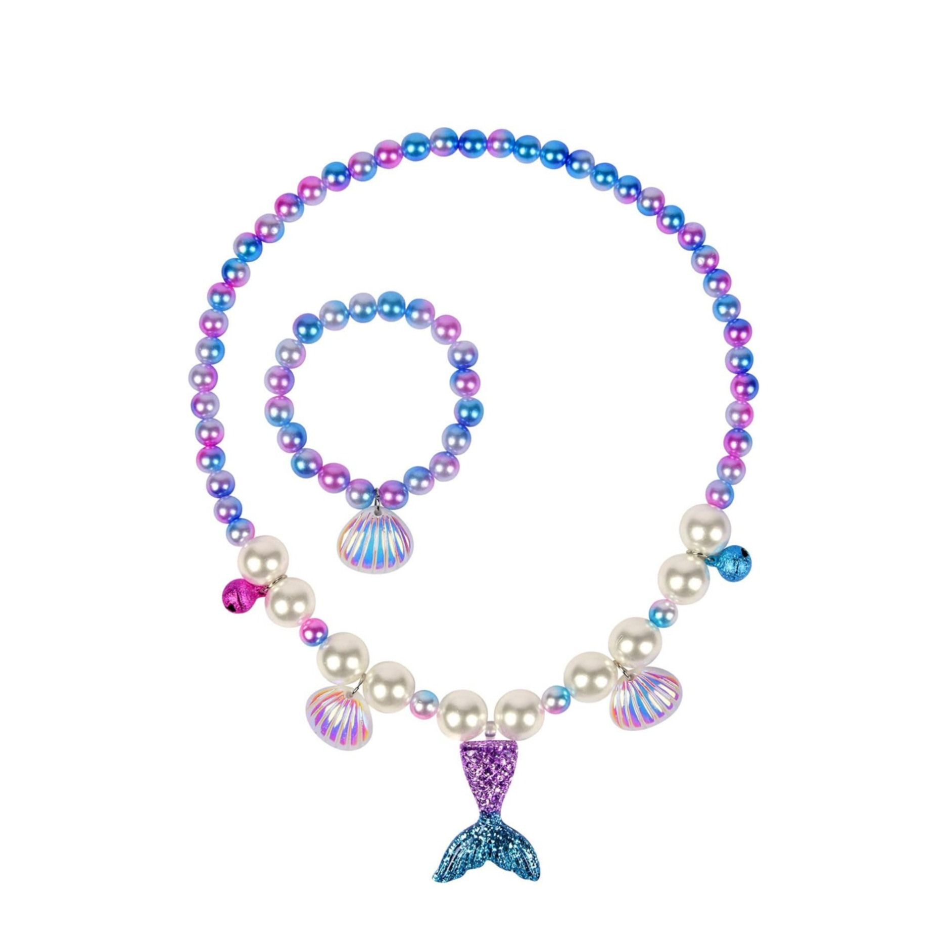 (2-tlg. Set) Kinder Perlen Armband Schmuck Muschel Halskette im Meerjungfrau Design - Lila / Blau / Violett
