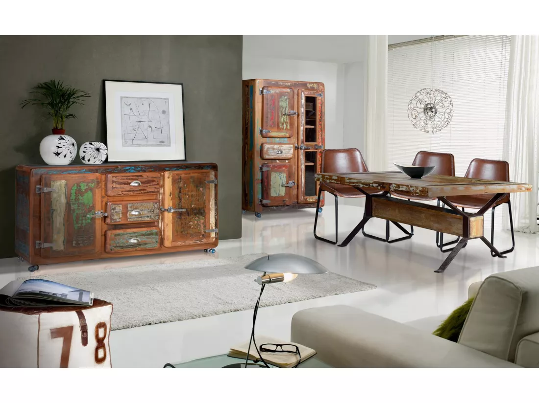 Vitrine en bois recyclé finition multicolore MULTICOLOR.Giner y Colomer.180x38x90