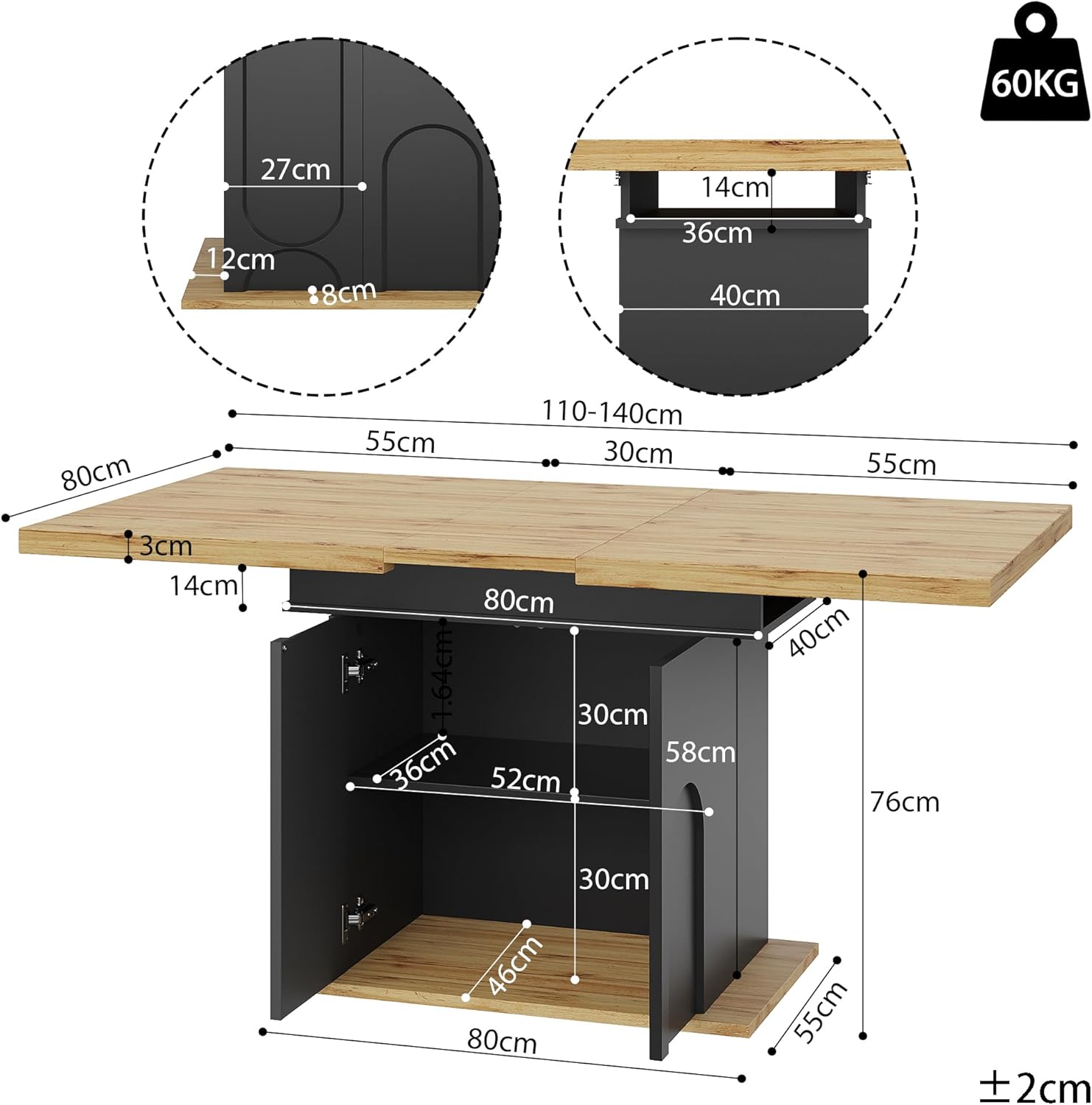 Esstisch Ausziehbar Küchentisch mit Regale und 2 Türen für 4-6 Personen, Esszimmertische mit Stauraum, Esszimmertisch Ausziehbar Esszimmermöbel Küchenmöbel, Holzfarbe+Schwarz, 110-140x80x76 cm TC6280200
