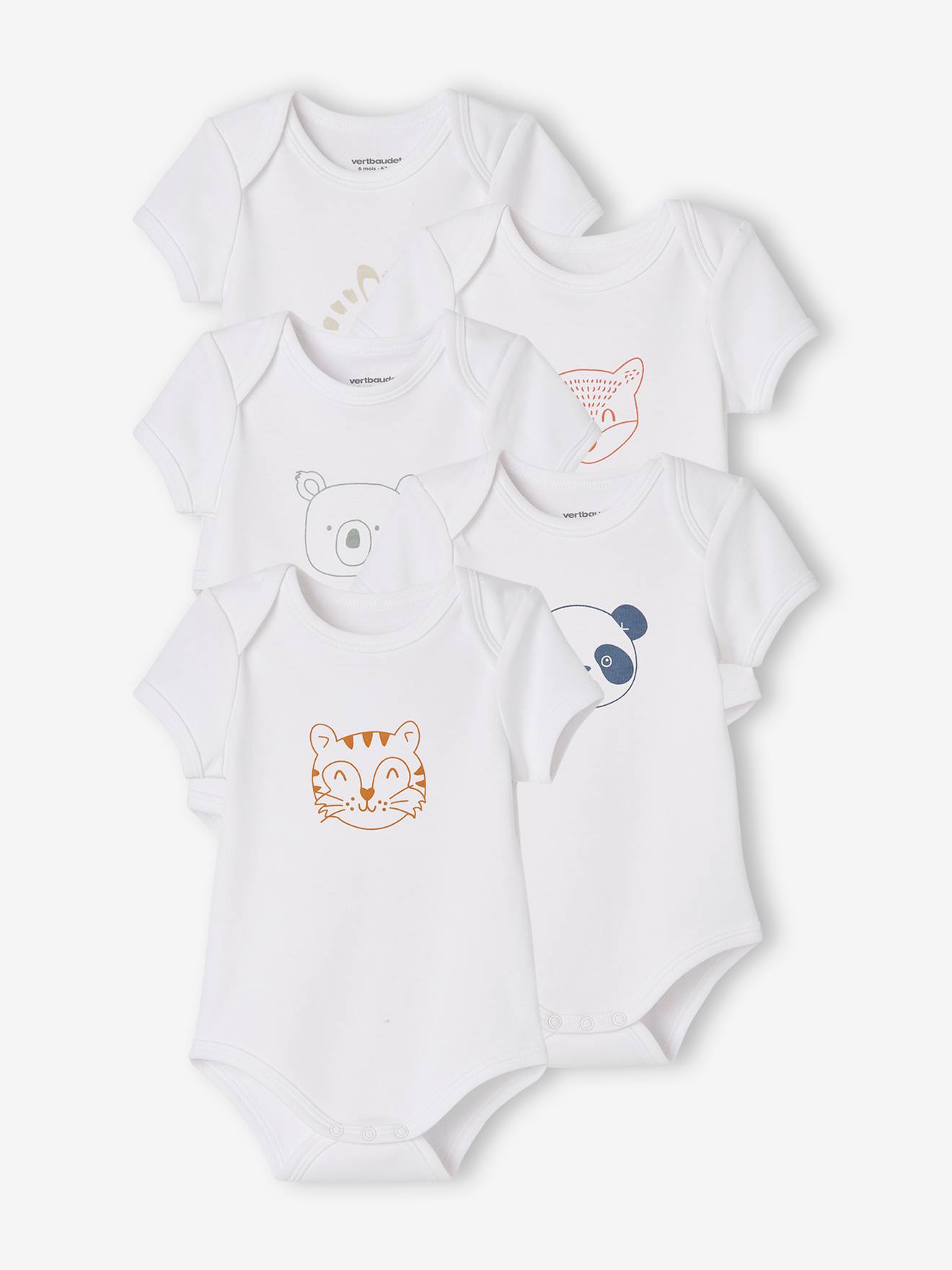 Conjunto de 5 bodies de manga curta com estampa de animais e abertura estilo americano, para recém-nascidos, nas cores branco claro e bicolor/multicolorido.