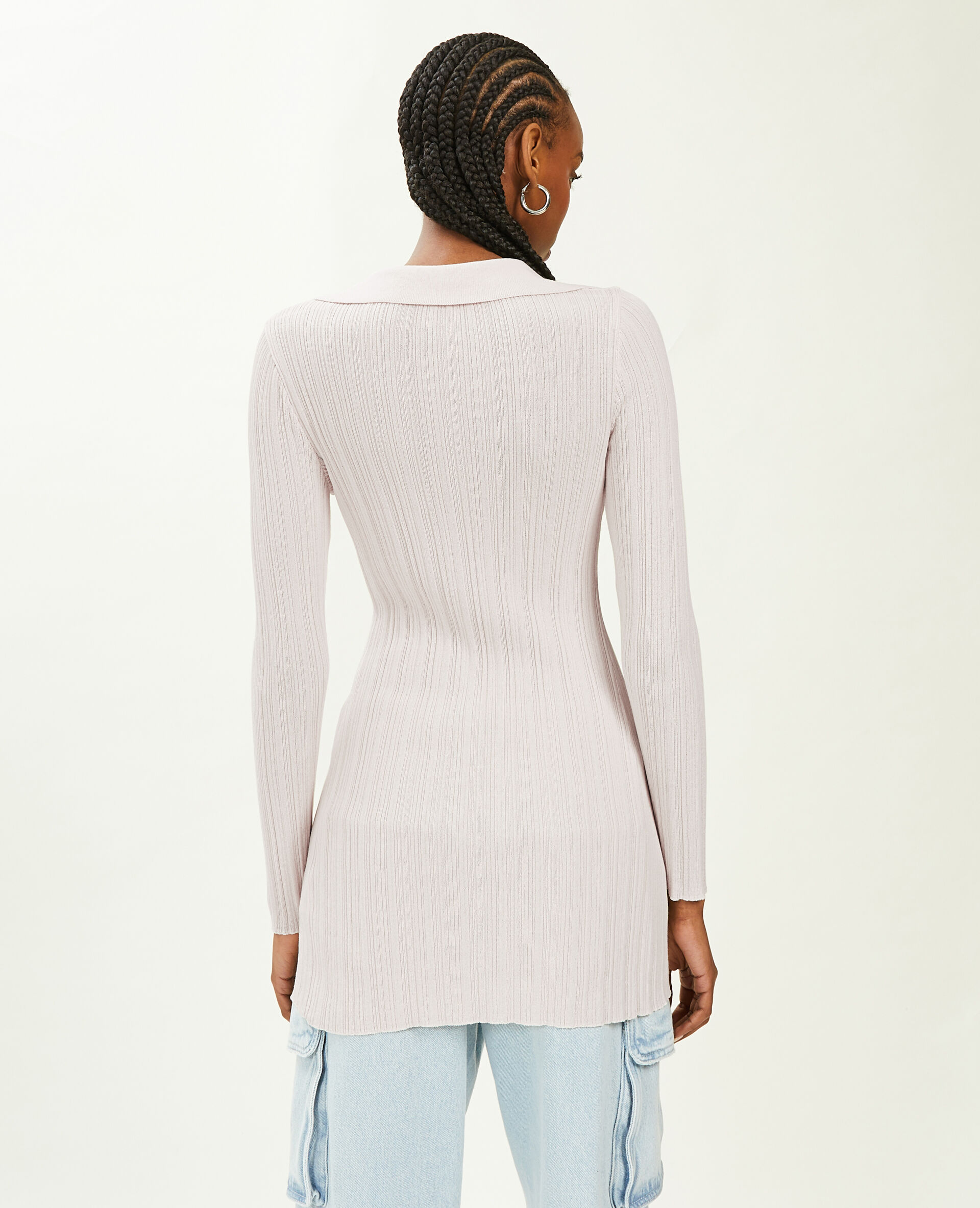 Gilet long en maille côtelée col polo - Écru
