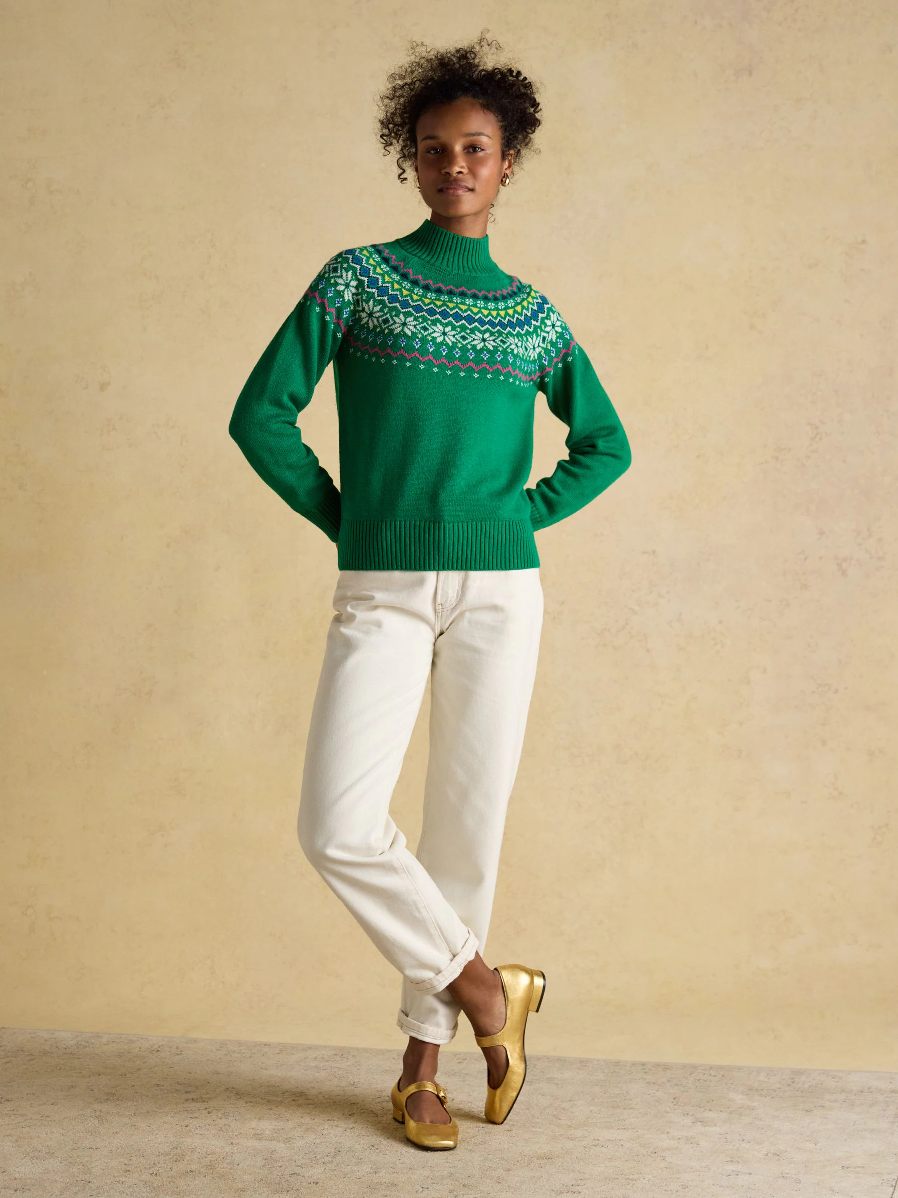 Groen - Joules Alba Fair Isle High Neck Cotton-Blend Jumper
