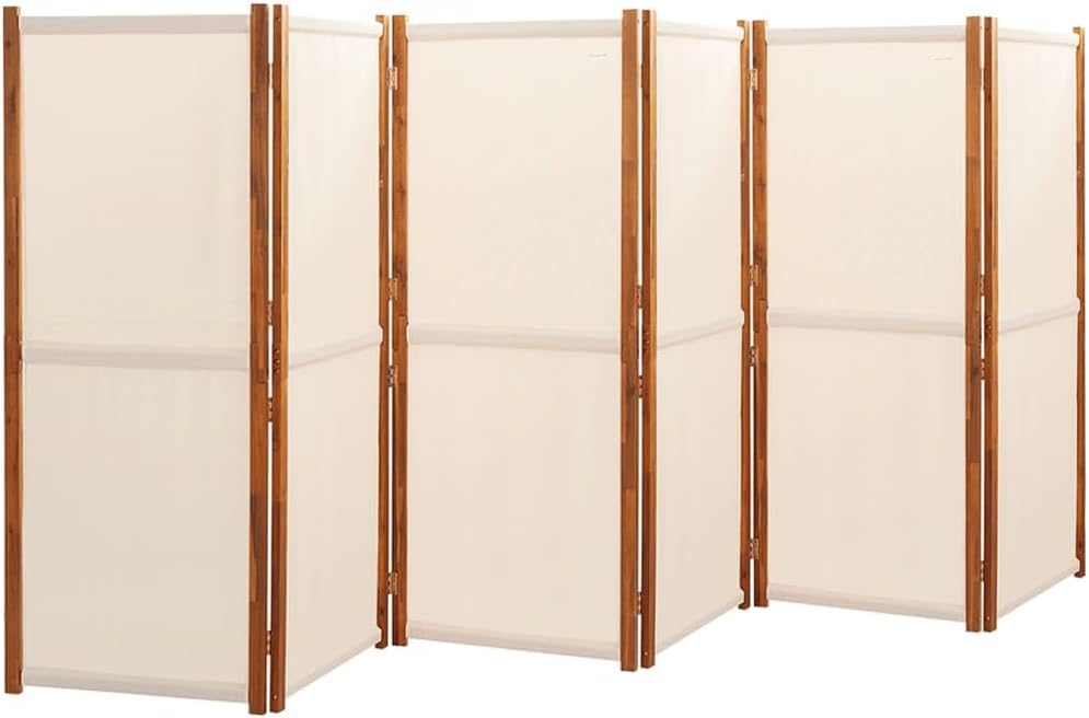 6-Panel Cream White Room Divider, 420x180 cm Solid Acacia Wood & Textilene Privacy Screen for Indoor Outdoor Spaces, Foldable Freestanding Partition Wall