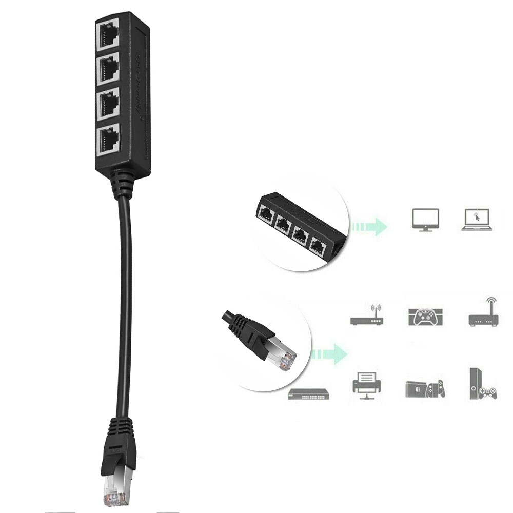 4-fach Ethernet LAN RJ45 Netzwerk Adapter Splitter Cat7 / Cat6 / Cat5 - Schwarz