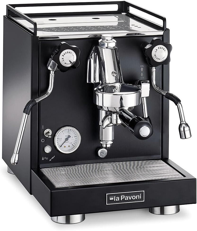 La Pavoni New Cellini Classic, Semiprofessionelle Espresso-Kaffeemaschine LPSCCB01EU, Einzelboiler mit Wärmetauscher, mit Drehventilen, Dampf- und Heißwasserlanze, 1400 W, Schwarzer Stahl