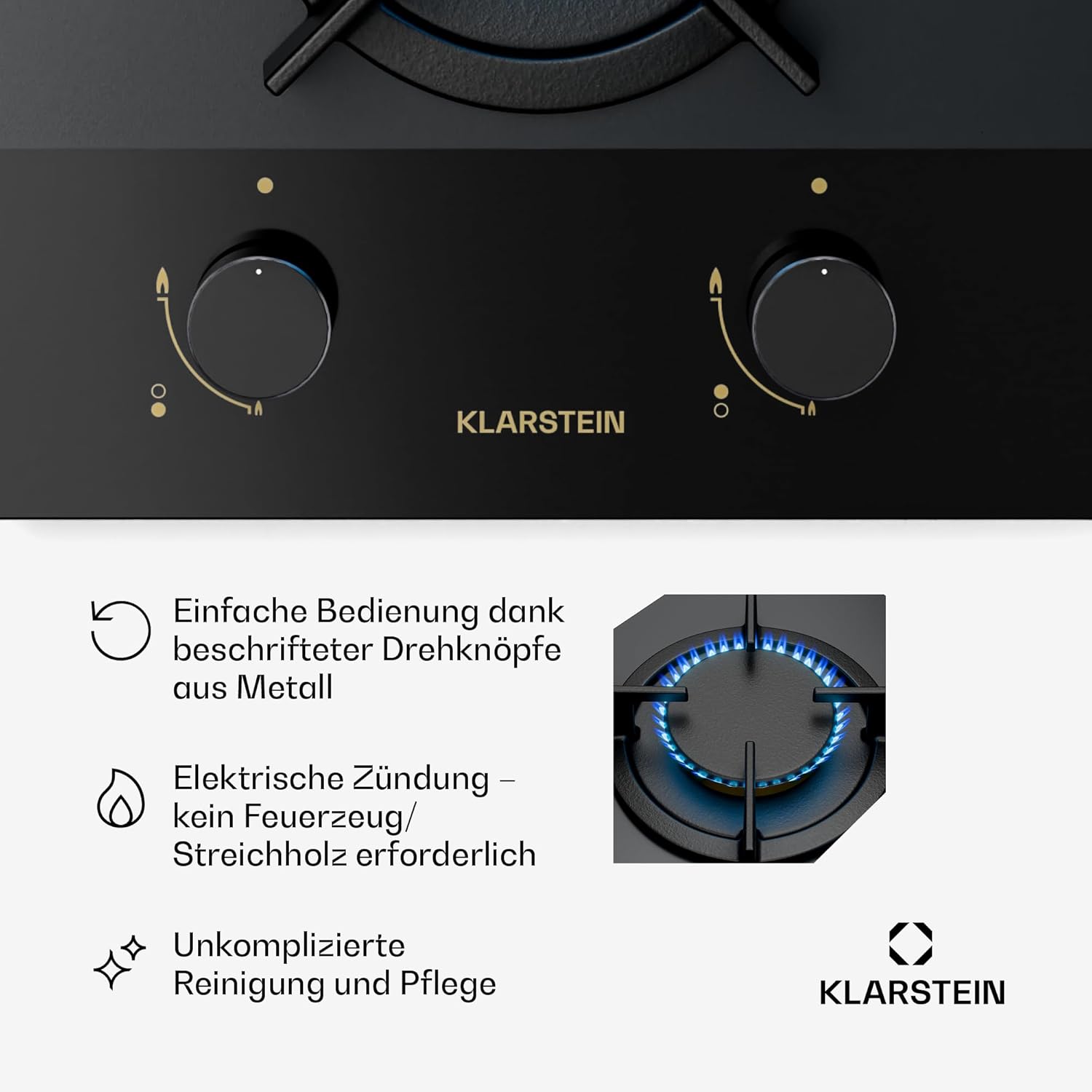 Klarstein Goldflame Nano Gaskochfeld, 2 Brenner, 30 cm, Messingbrenner und Gusseisenhalter, 4.200 W, Nanobeschichtetes Glas, Flammenschutz und Automatische Zündung, LPG/Erdgas-Umrüstsatz Inkl.