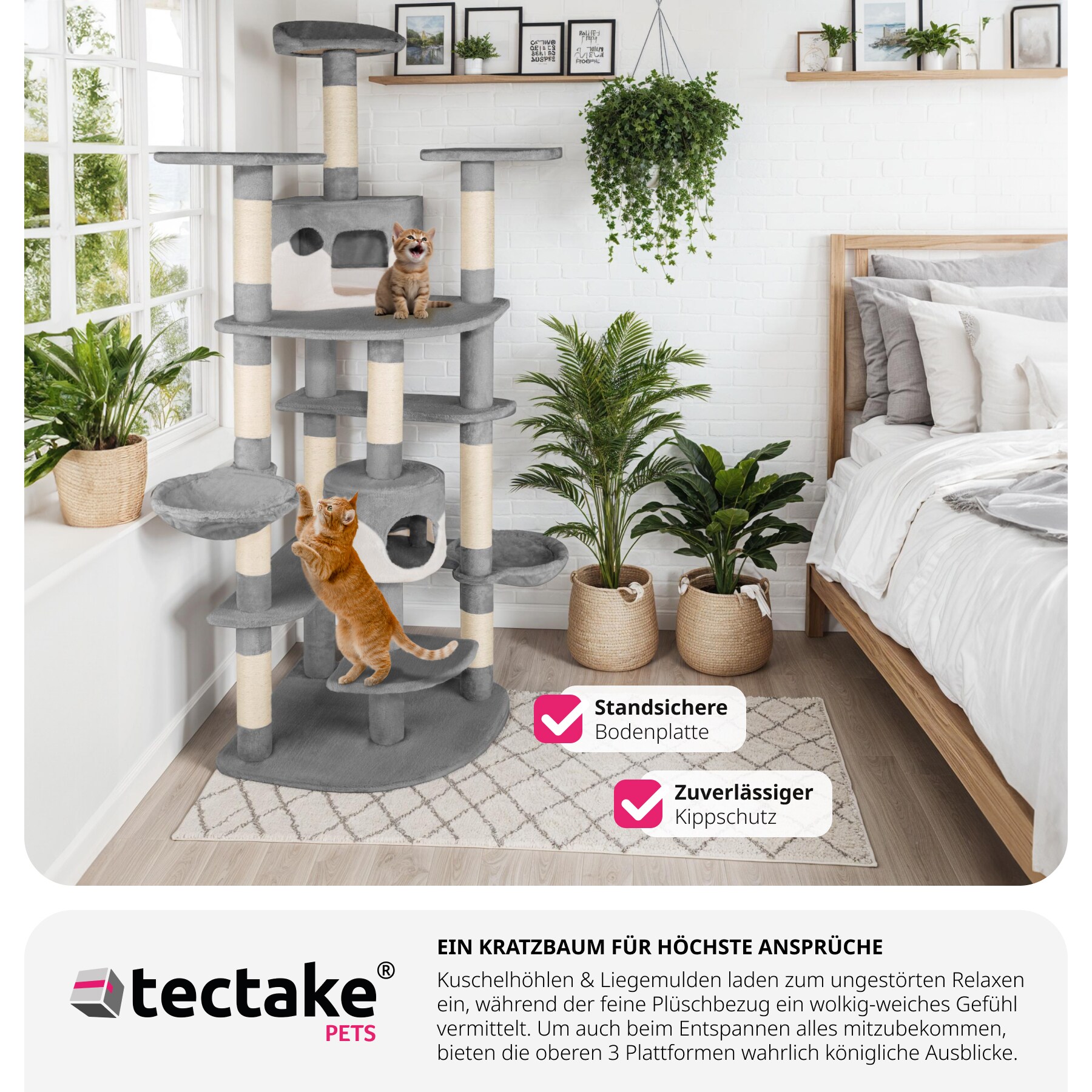 tectake® Kratzbaum, 201 cm, mit 2 Katzenhäusern, inklusive Spielkordel und Kippschutz