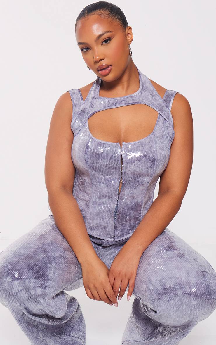 Charbon Corset Grande Taille À Encolure Découpée Ornée De Sequins