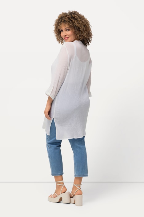 Longbluse, Krepp, Stehkragen, V-Ausschnitt, 3/4-Arm