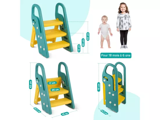 Marchepied Pliable pour Enfant Bébé avec 3 Marches Antidérapant, Rehausseur Stable, Hauteur Réglable, Multifonction avec Poignées Sécurité pr Salle de bain, Jaune et Vert
