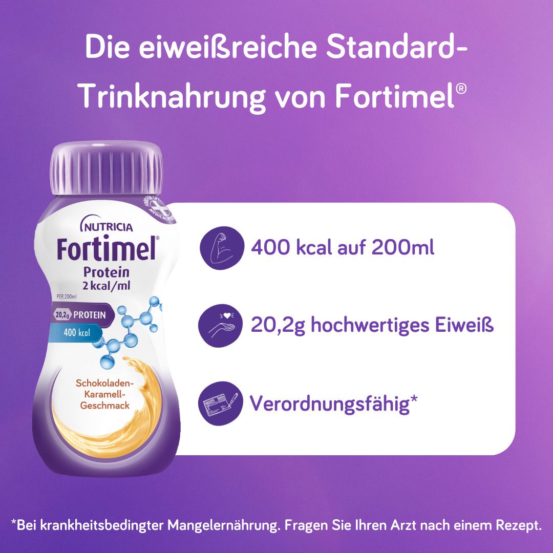 Fortimel® Protein 2 kcal Schokolade-Karamell, die eiweißreiche und hochkalorische Trinknahrung, die zudem ballaststoff- & glutenfrei, und laktosearm ist