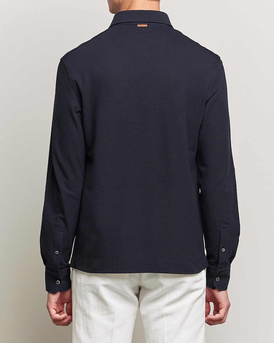 Zegna Long Sleeve Cotton Piquet Polo Navy