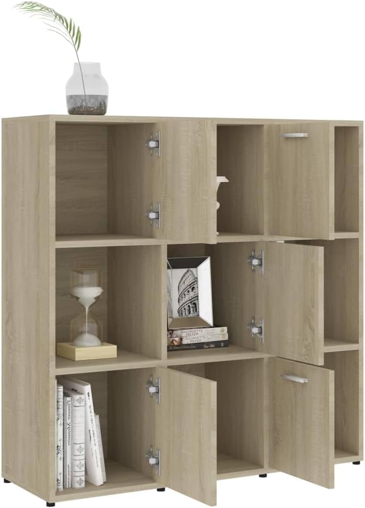 Bücherregal 90x30x90 cm Sonoma Eiche Holzwerkstoff mit 9 Fächern, Davon 5 mit Türen, Robust & Langlebig, Moderner Stauraum Organizer für Living Room, Home Office und Flur