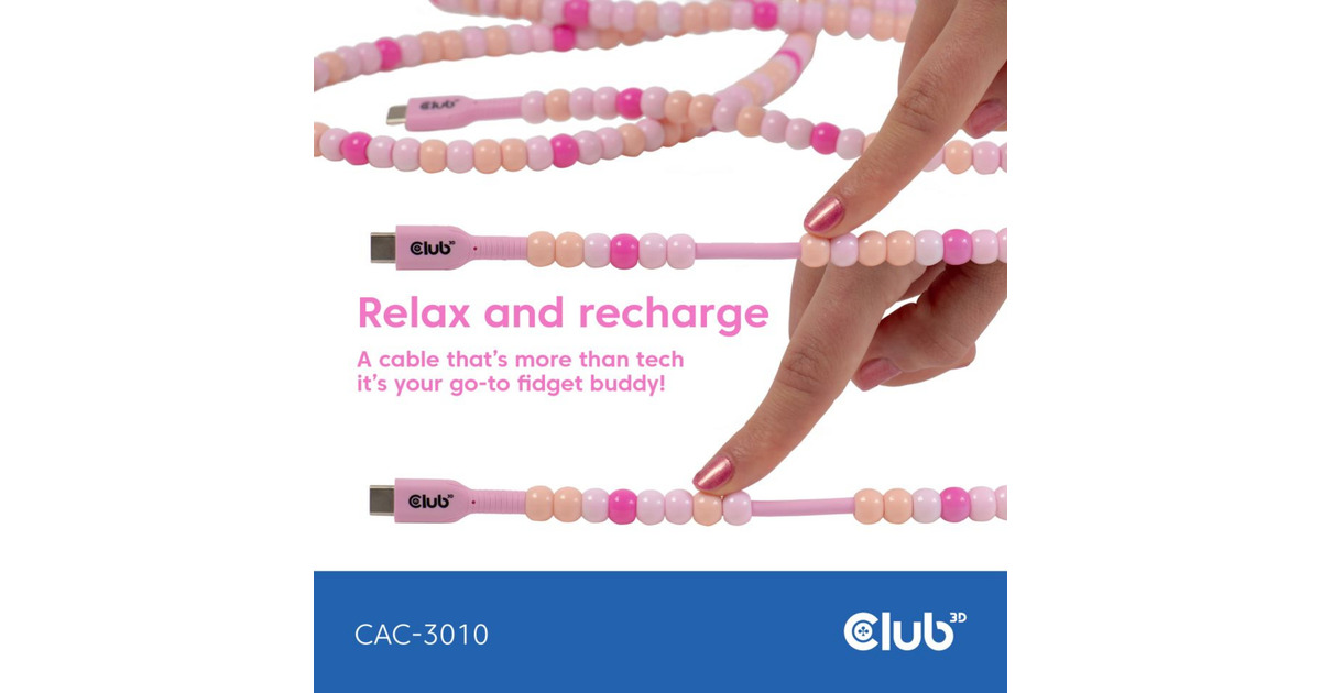 Club 3DUSB-C Beaded Cable Pink, 2 meter kabel  (Roze)