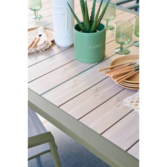 Table de jardin extensible coulissante ÉVASION Effet bois Lin & Vert laurier
