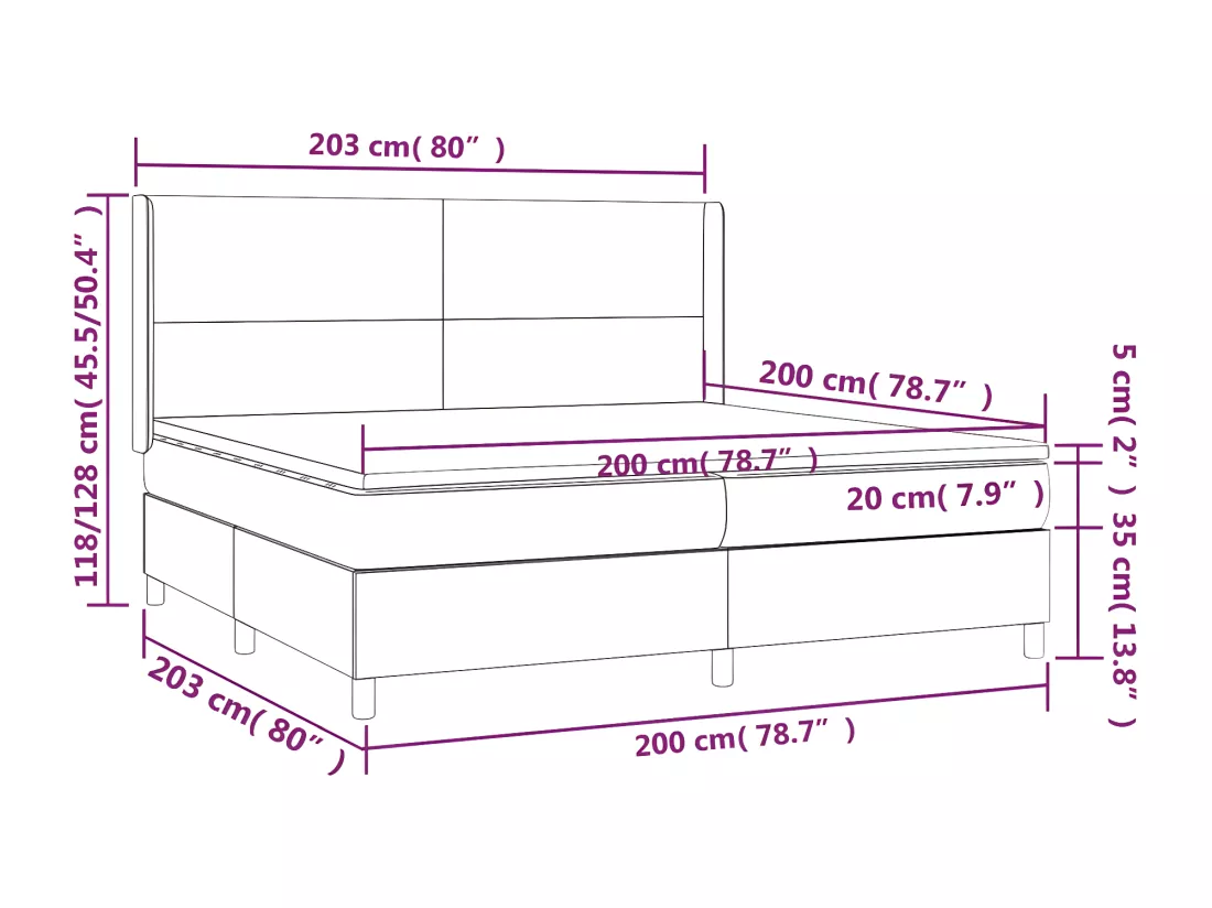 Sommier tapissier matelas et LED Marron foncé 200x200 cm Tissu