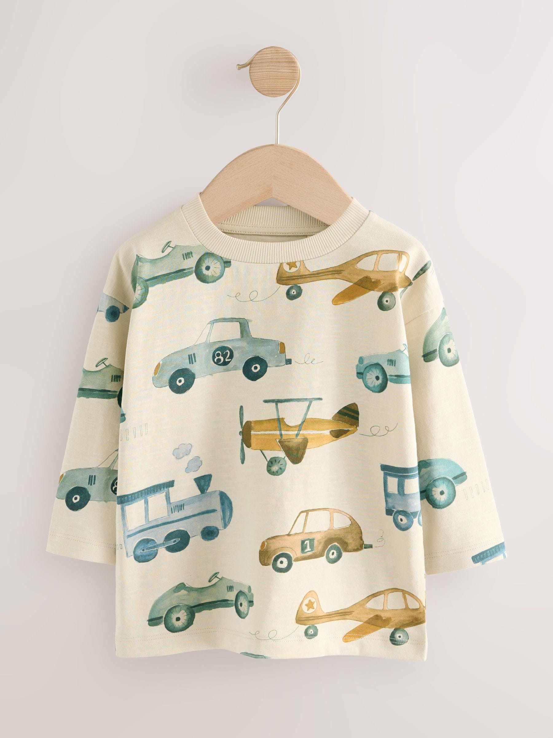 Wit transport - 100% katoenen T-shirt met lange mouwen en all-over print (3mnd -7jr)