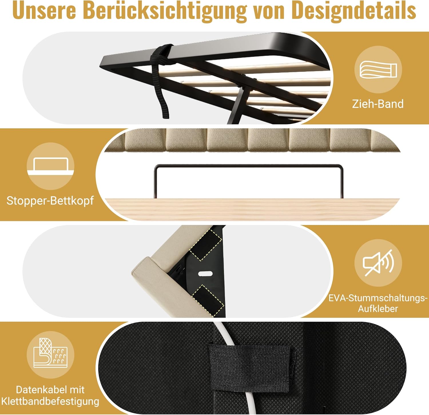 Kebnor Polsterbett Doppelbett, Stauraum-Kopfteil, LED-Beleuchtung am Kopf- und Fußende des Bettes, mit Hydraulischem Stauraum, Leinen. (Ohne Matratze) (Beige, 90x200cm)