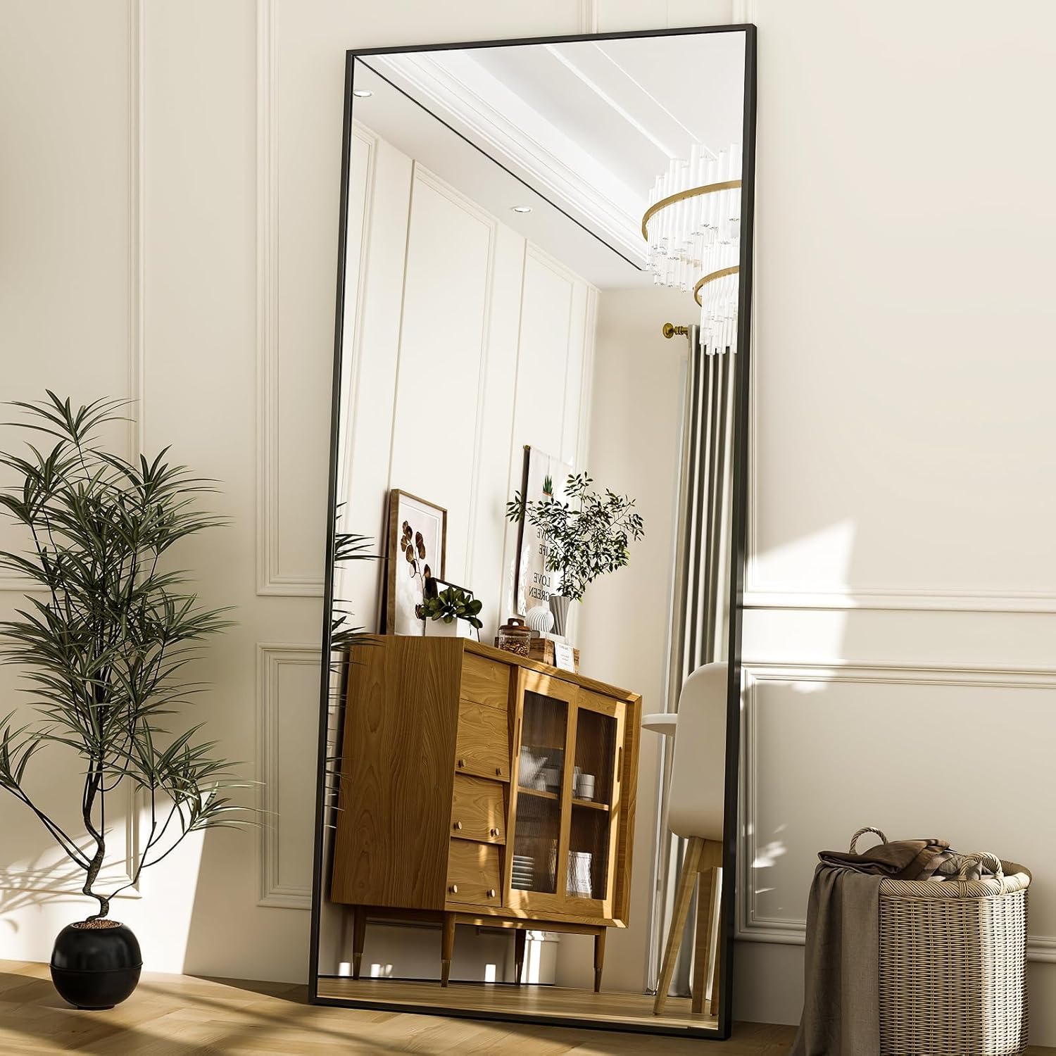 Koonmi 171 x 76 cm Standspiegel, robust Ganzkörperspiegel mit minimalistische schmaler Aluminiumrahmen, modern großer Wandspiegel stehend oder hängend für Wohnzimmer und Schlafzimmer, Schwarz