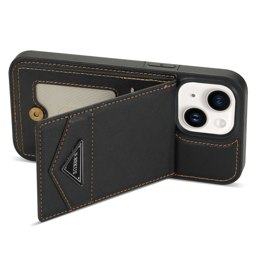 iPhone 14 Hybrid Leder Hardcase Hülle mit Kartenfächer mit Aufsteller (RFID Schutz) - Schwarz