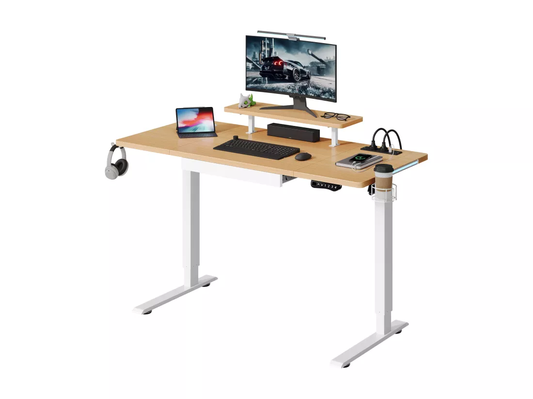 YITAHOME Bureau Réglable en Hauteur 140 x 60 cm- Beige - avec 2 ports de Charge USB - pour Ordinateur avec Barre Lumineuse LED