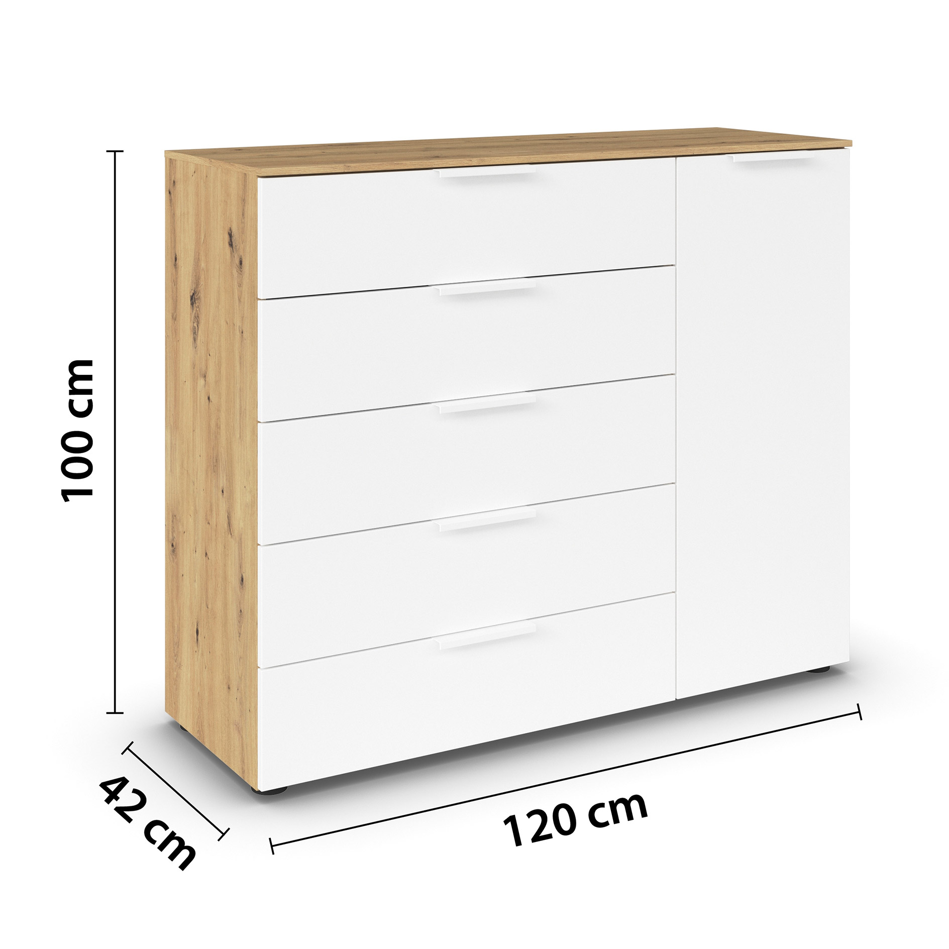 Kommode - Artisan Eiche-alpinweiß - weiße Griffe - 120 cm