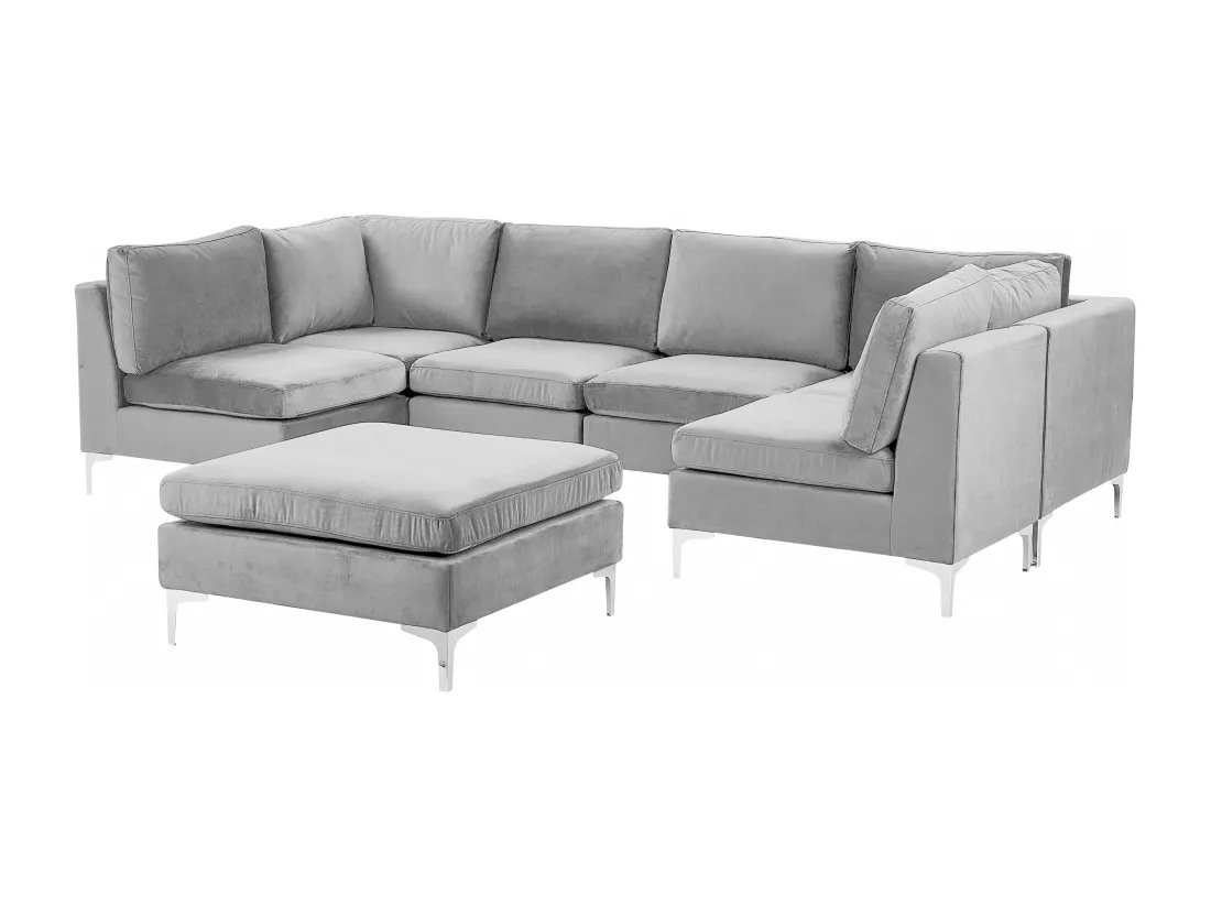 Canapé panoramique modulable en velours gris 6 places avec pouf EVJA