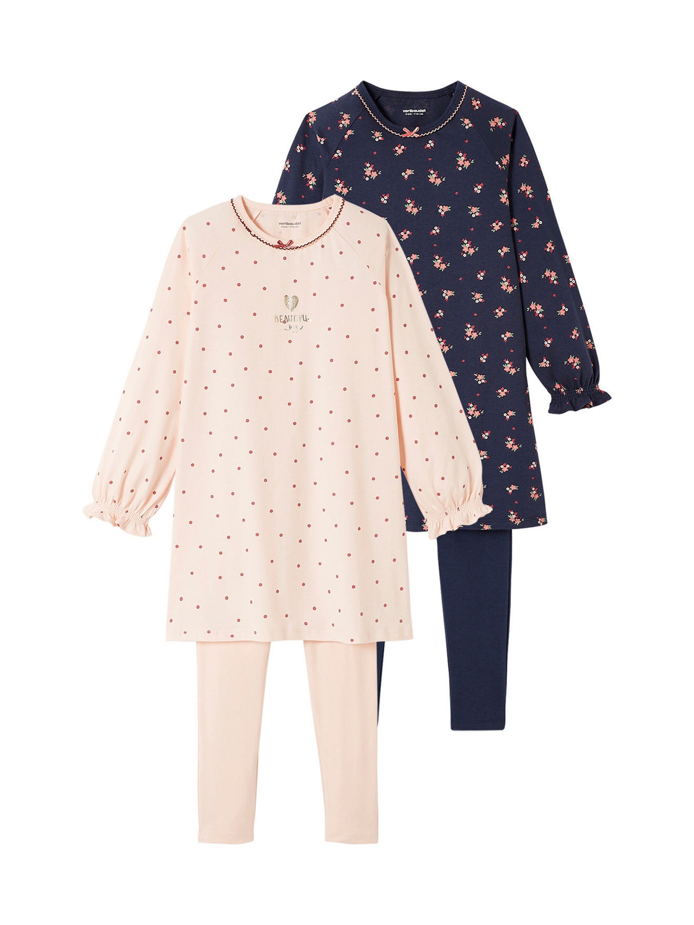 Vertbaudet 2er-Pack Mädchen Nachthemden mit Leggings, Blumen pack rosa/blau
