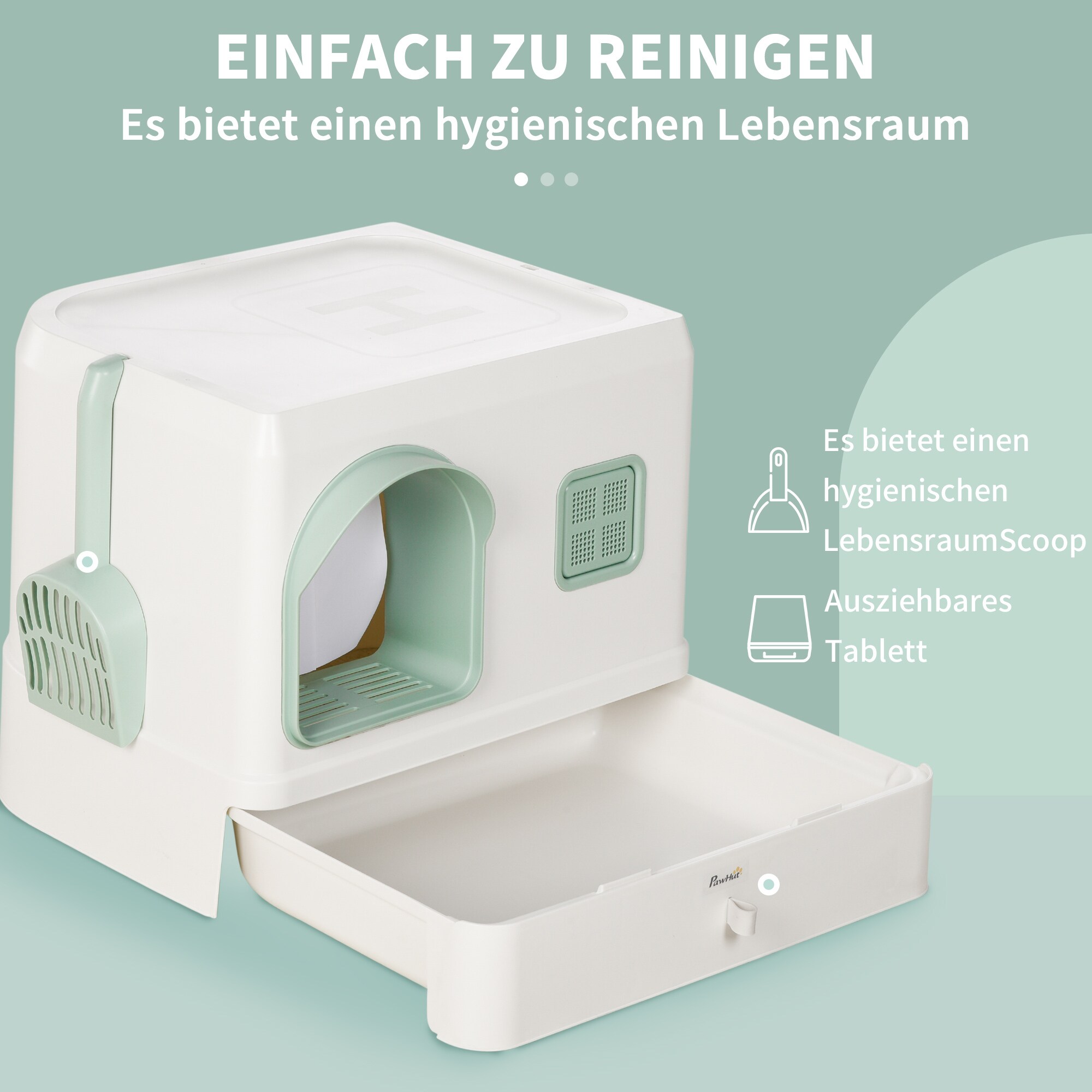 PawHut Katzenklo mit zwei Deodorants und Schaufel weiß, grün 50L x 40B x 40H cm