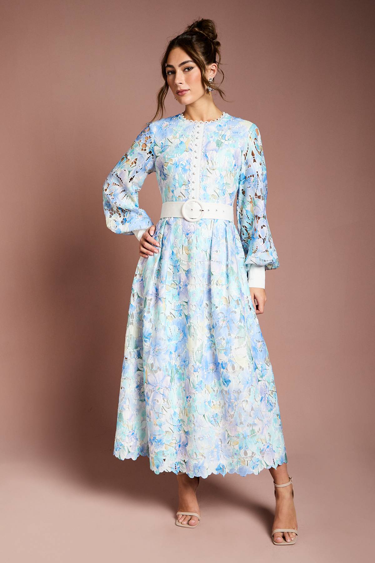 Coast Robe Mi-Longue Ceinturée à Manches Bouffantes en Dentelle Imprimée