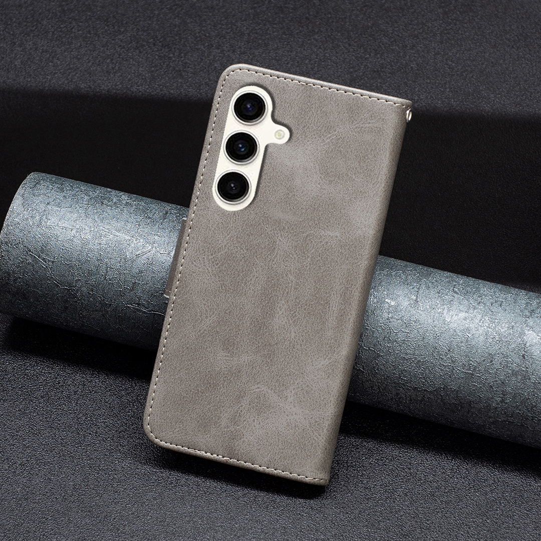 Samsung Galaxy S24 FE Leder Tasche Flip Cover mit Kartenfächer Vintage Look   Trageschlaufe - Grau