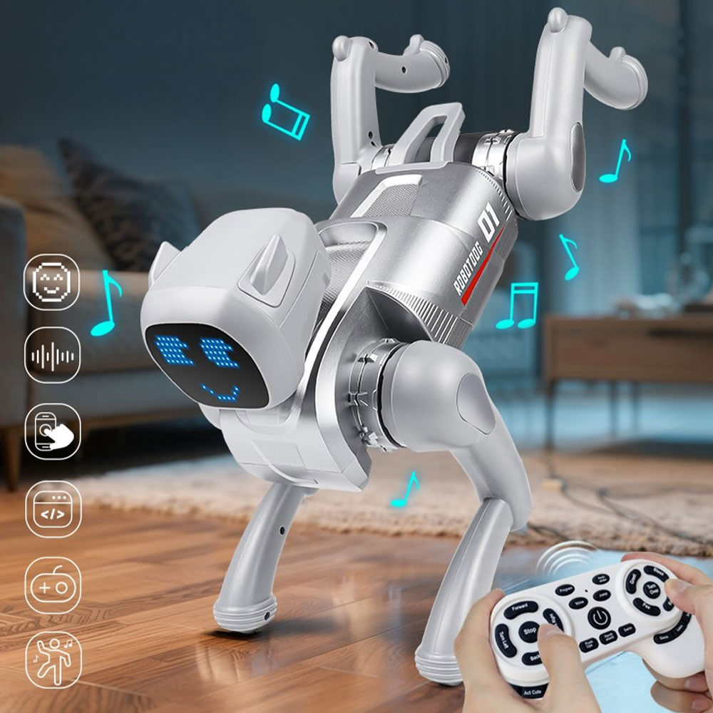(31x24cm) Ferngesteuerter 2.4GHz Roboter Hund Kinder RC Spielzeug mit 360° Drehung / Sound Effekten / App Steuerung (Batteriebetrieben) - Grau