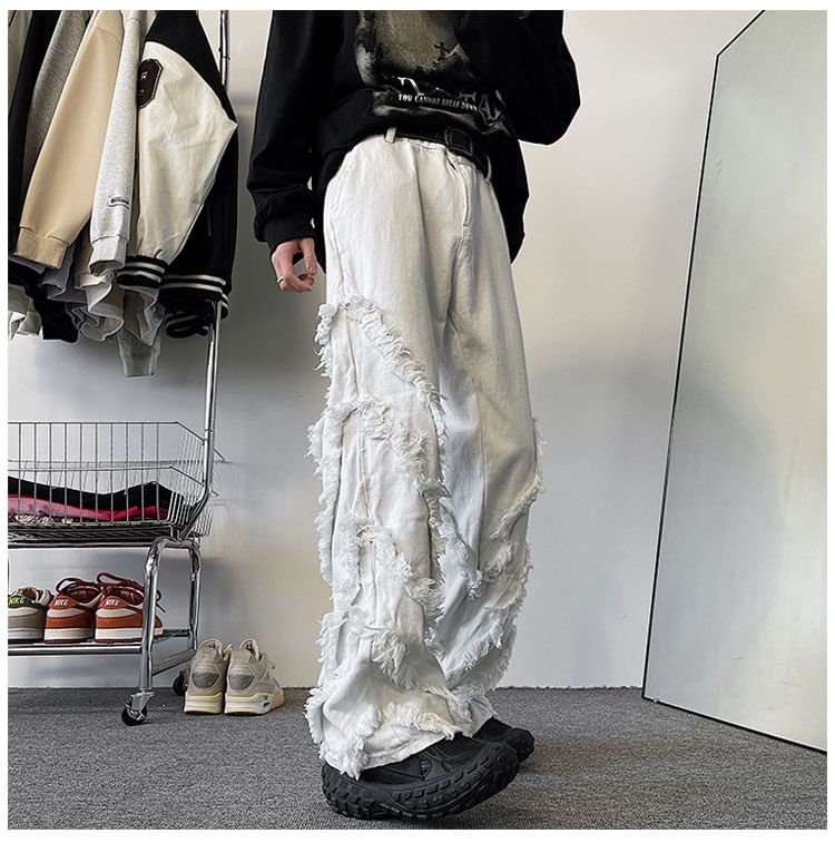 Tiaota - Mid Rise Washed Frayed Loose Fit Jeans