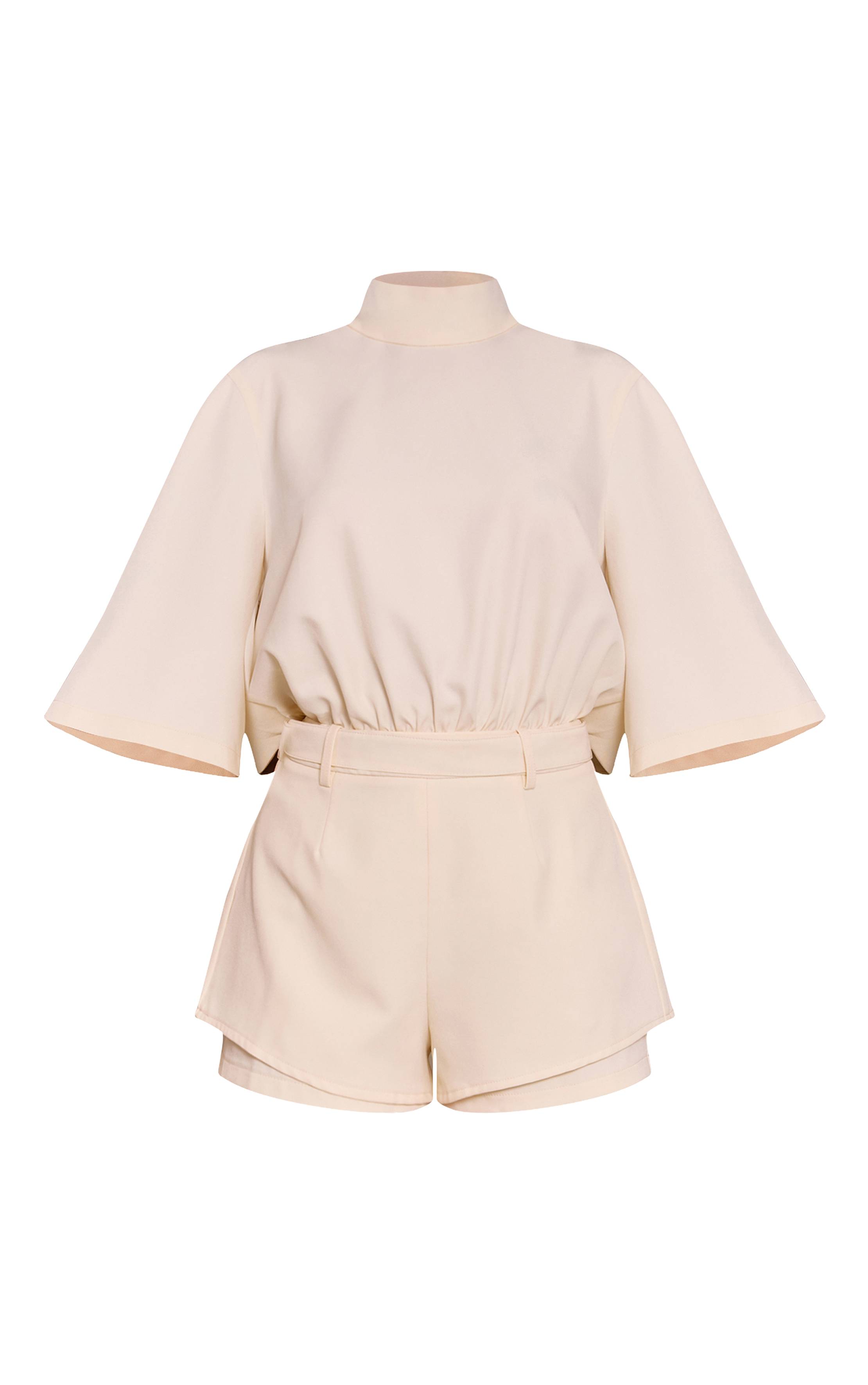 Crème Combi-short Tissée À Manches Courtes Et Coupe Ajustée