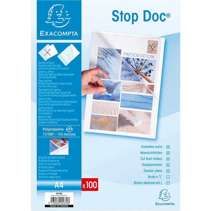 Etui carton de 100 pochettes coin Stop doc polypropylène lisse 11/100e - A4