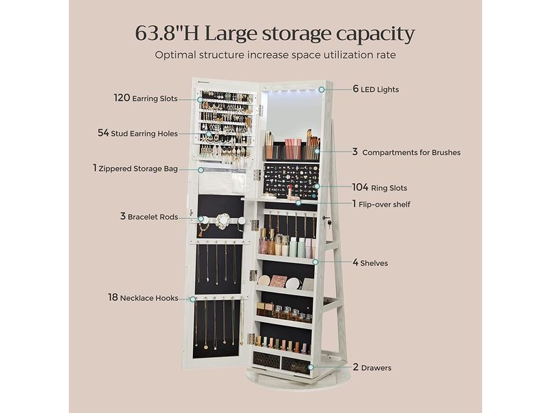 Songmics Schmuckschrank mit Spiegel 55 x 55 x 162 cm Schmuckkabinett