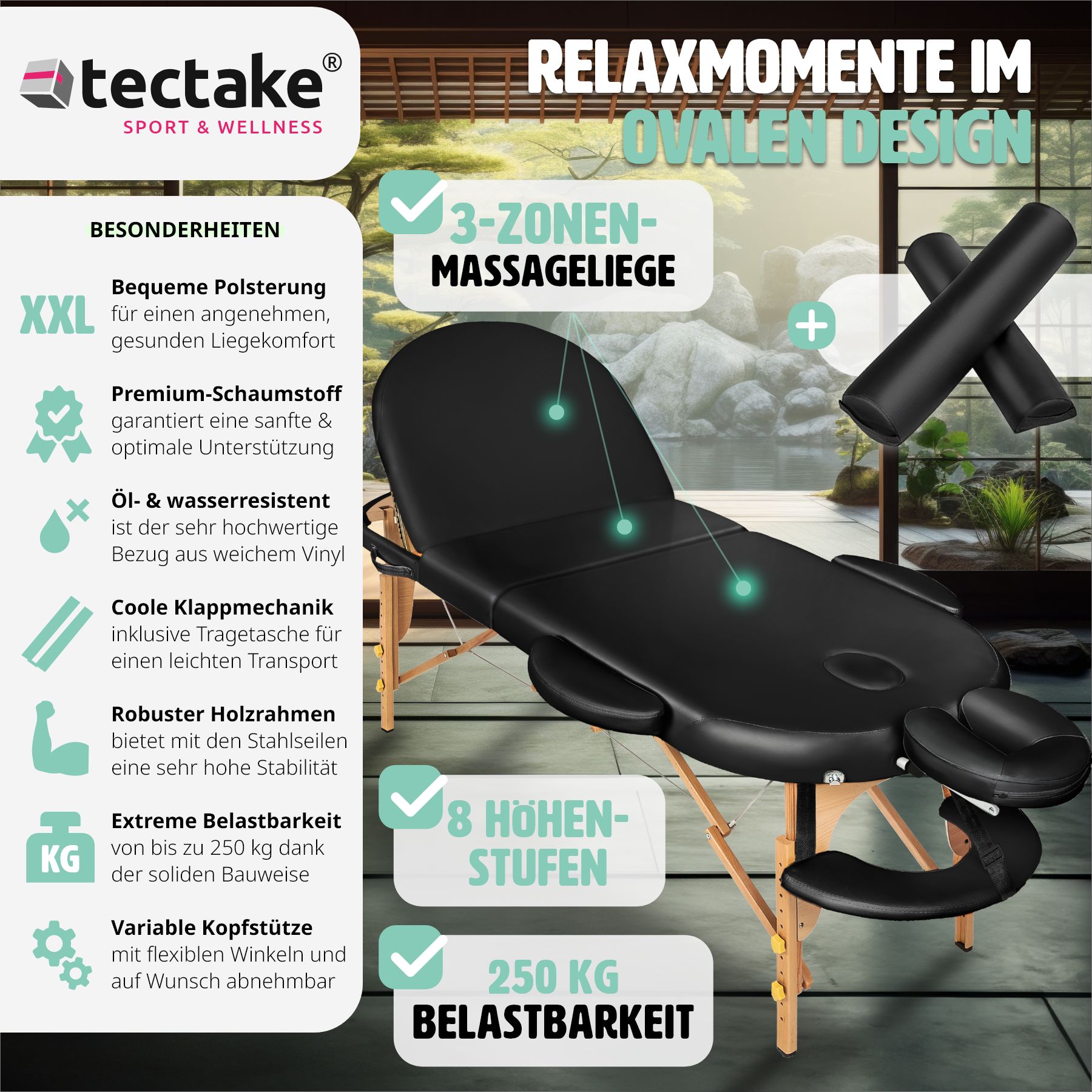 tectake® 3 Zonen Massageliege, inklusive Lagerungsrollen und Tragetasche, klappbar und höhenverstellbar, 230 x 104 x 62,5 - 85 cm