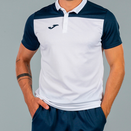 Camisa polo de manga curta Joma Hobby II, branca/azul marinho