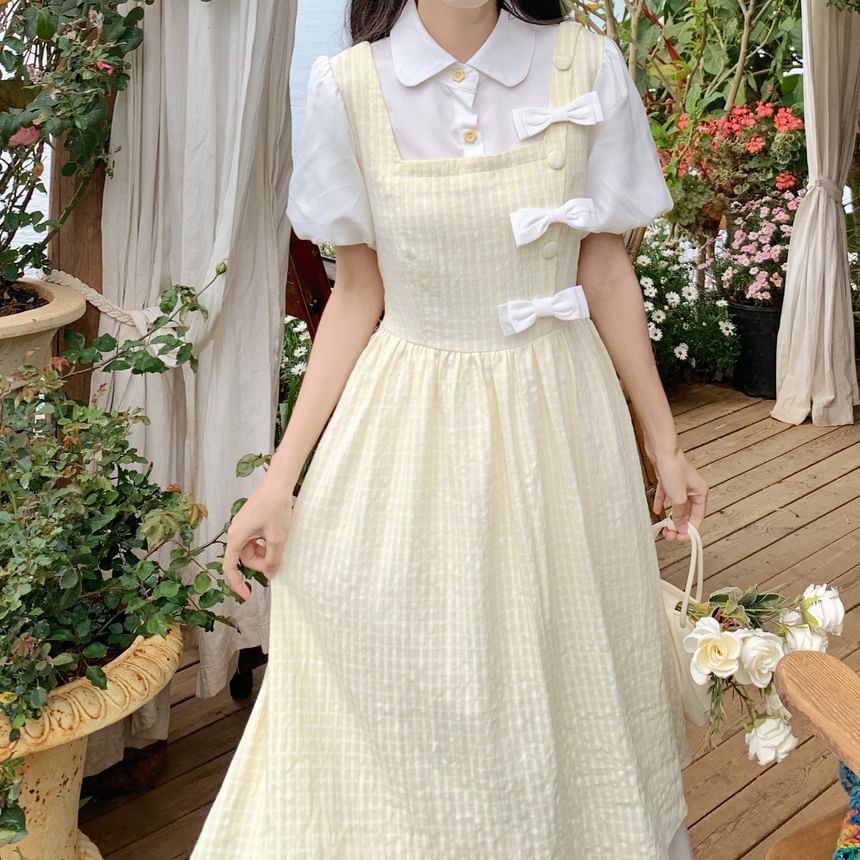 JVL - Mock Two-Piece Short-Mouw Bow Accent Midi A-lijn Jurk