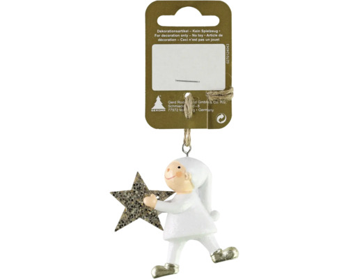 Kerstdecoratie hanger, klein houten figuur, wit en goud