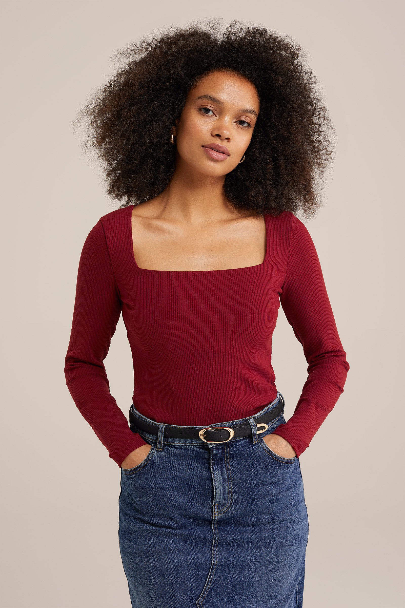 T-shirt van ribstof WE Fashion Bordeauxrood